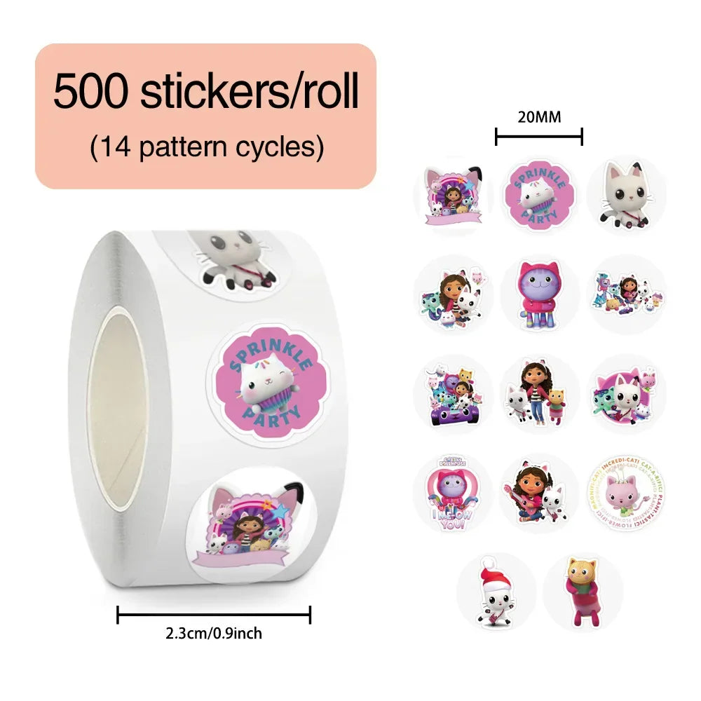 A roll of round cartoon character stickers and a sample set of the designs with size dimensions.