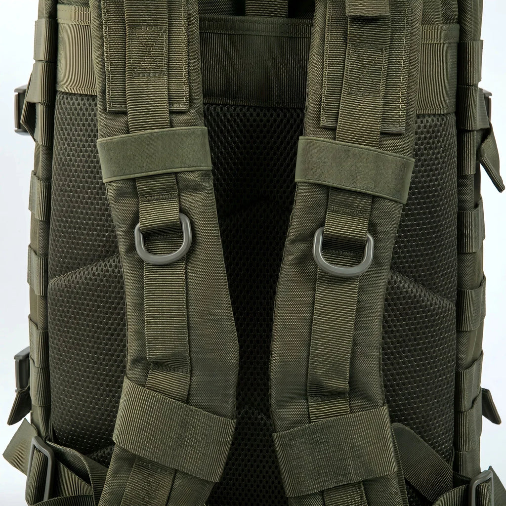 Close up view of the shoulder straps and D-rings on a tactical backpack
