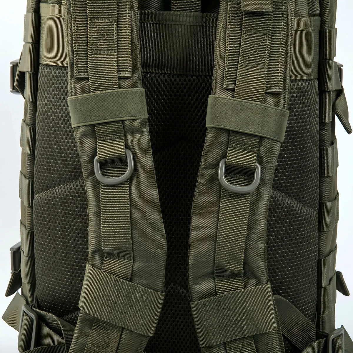 Close up view of the shoulder straps and D-rings on a tactical backpack