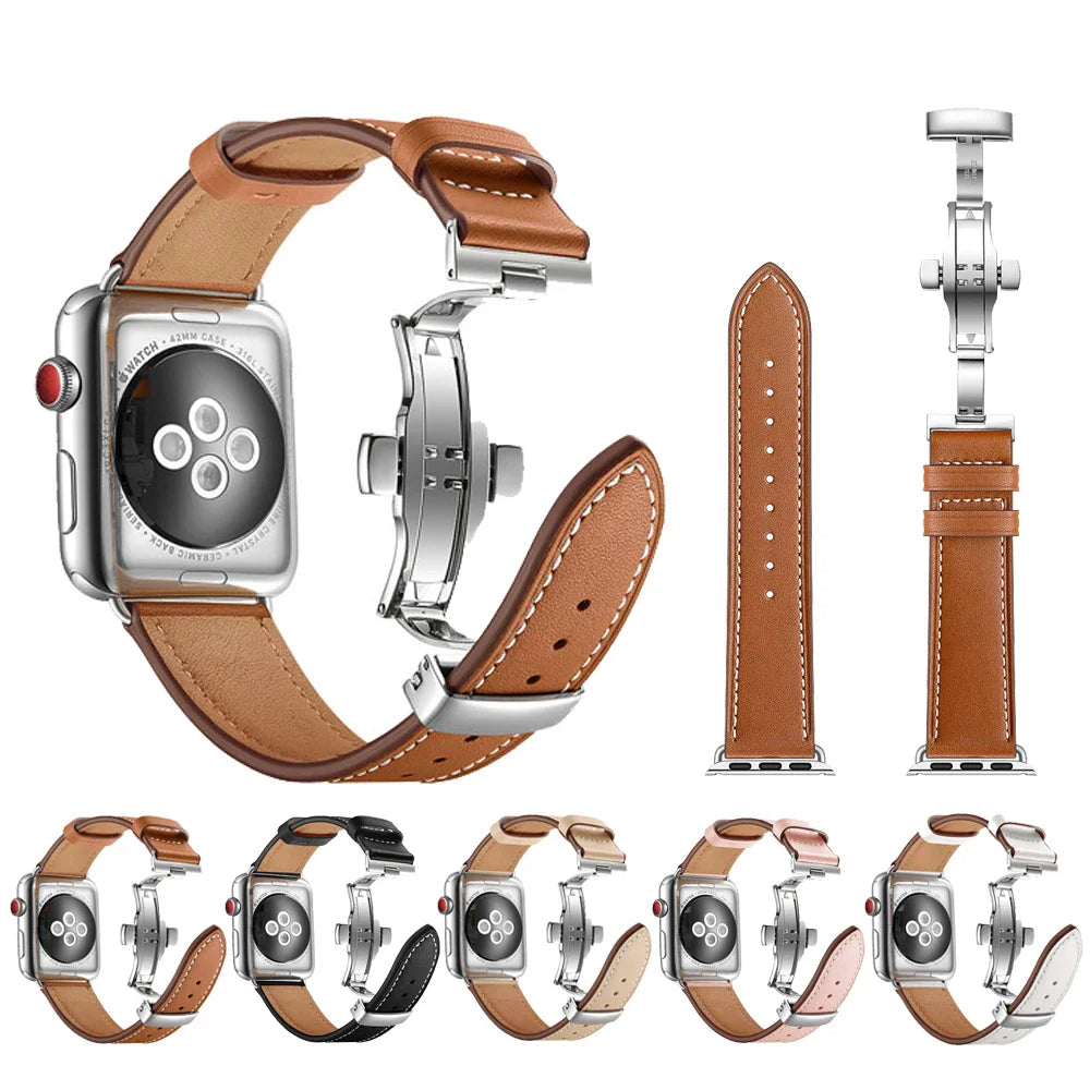 Collection of brown leather watch bands with various metal clasps