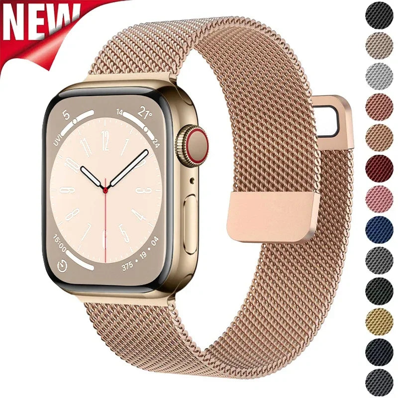 Milanese mesh metal watch band in rose gold color with color options chart