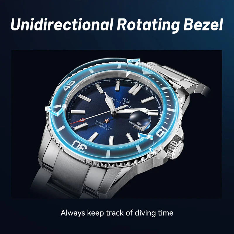 Blue dial automatic diver watch highlighting rotating bezel mechanism