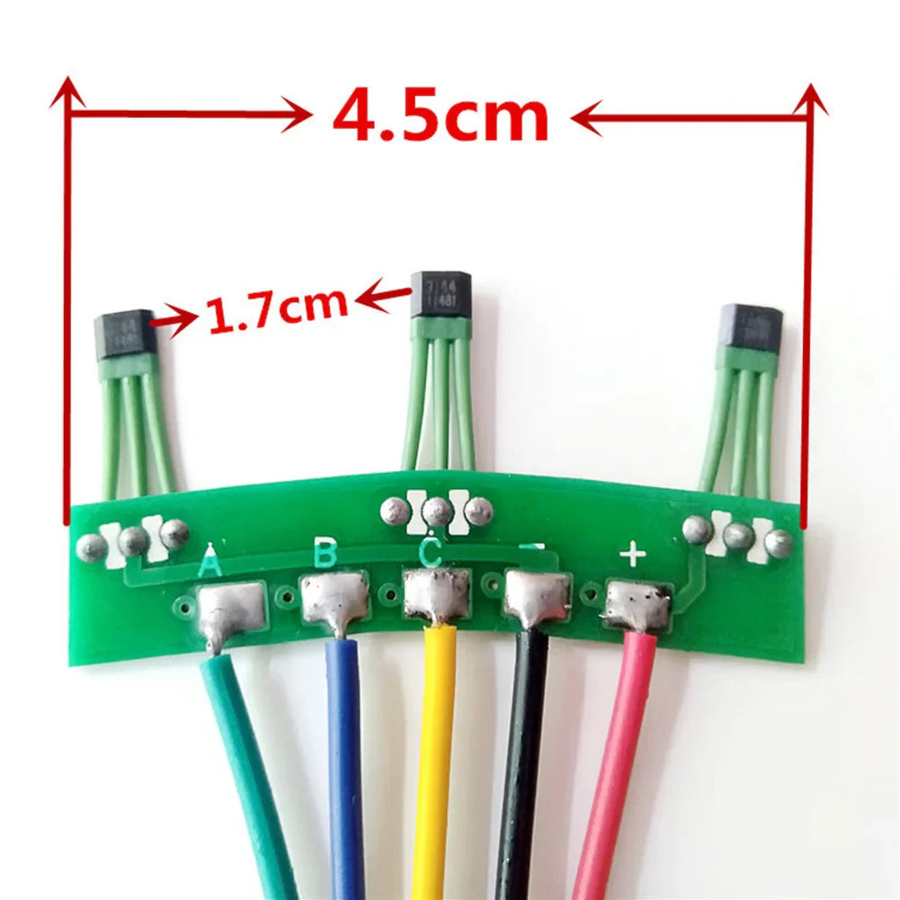 Green PCB hall sensor board for electric motor with measurement arrows