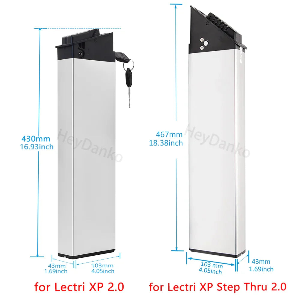 Dimensional diagram of two electric bike battery variants for folding e-bikes