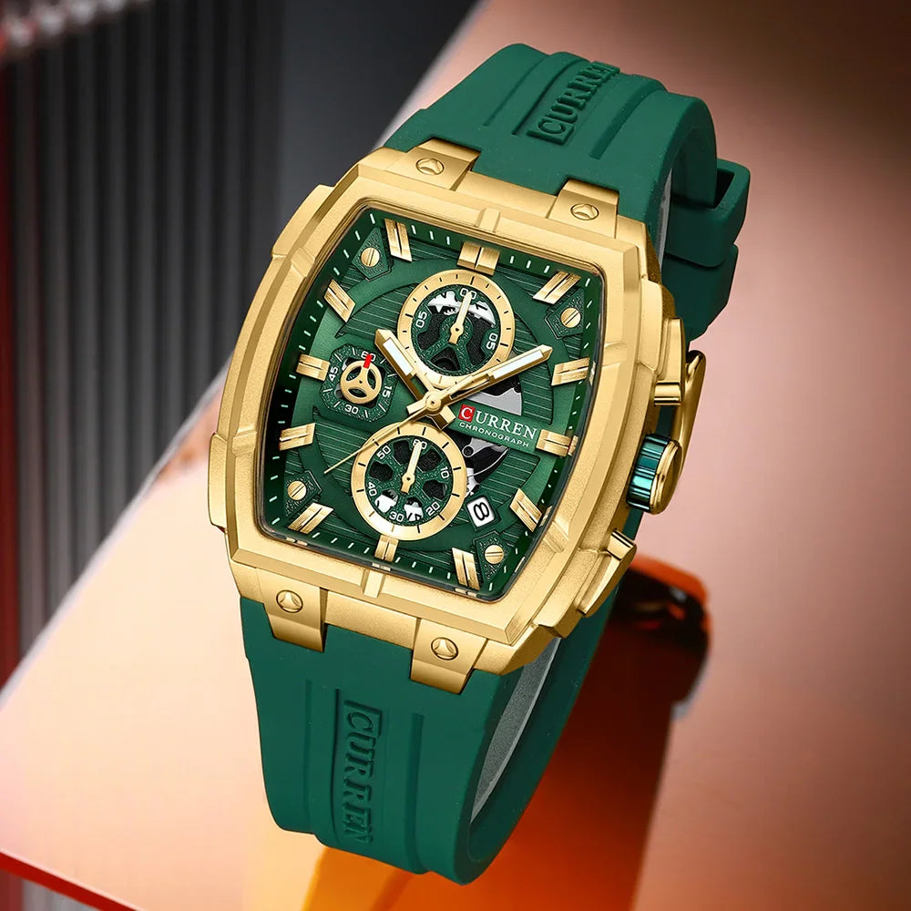 Men's square chronograph watch with gold case, green dial, and green silicone strap
