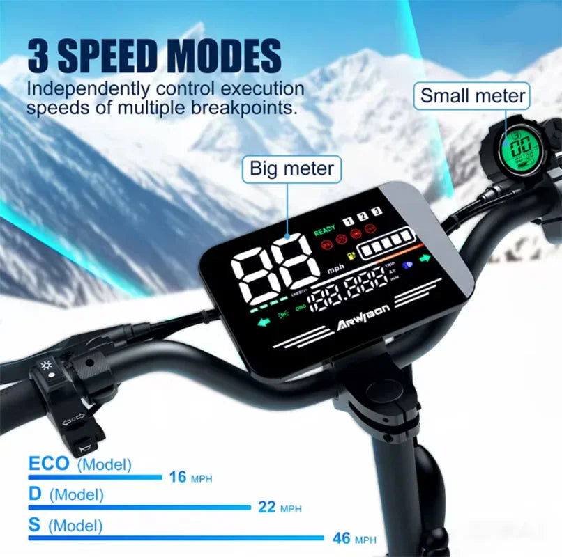 Electric scooter digital display and handlebar controls showing speed modes and meters