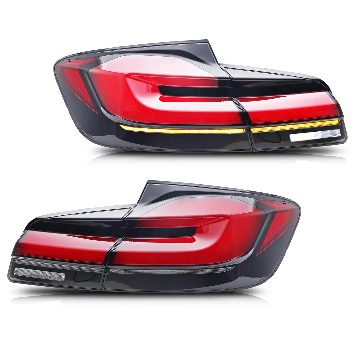 A pair of red and black LED tail lights for a car, shown from different angles against a white background.