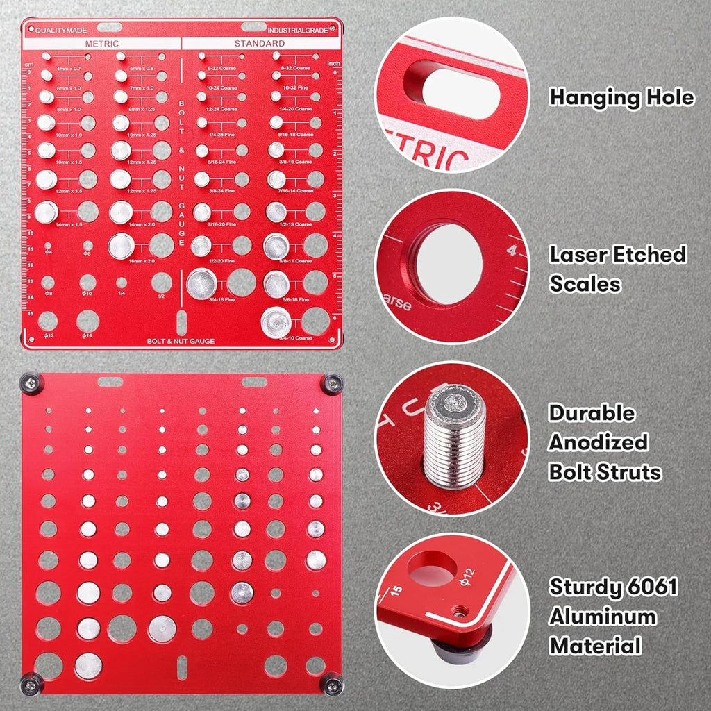 Red aluminum bolt and nut thread checker gauge with multiple measuring holes and labels