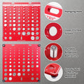 Red aluminum bolt and nut thread checker gauge with multiple measuring holes and labels