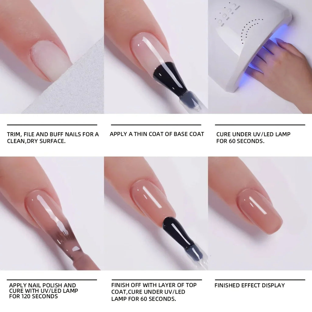 A step-by-step guide on how to apply gel nail polish with a UV lamp.