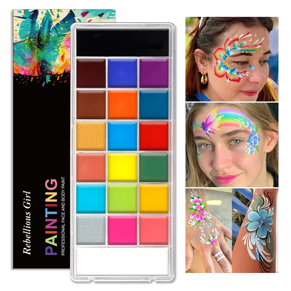 A multi-color professional face and body paint palette shown with various examples of finished face and body art