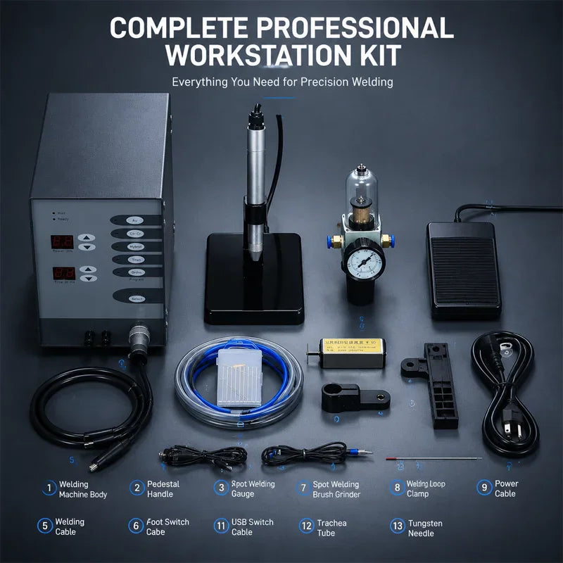 Complete professional welding workstation kit with numbered accessories, cables, and components for jewelry repair