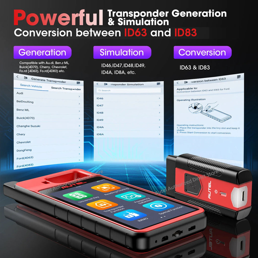 Diagnostic device features for transponder generation and simulation for various car models.