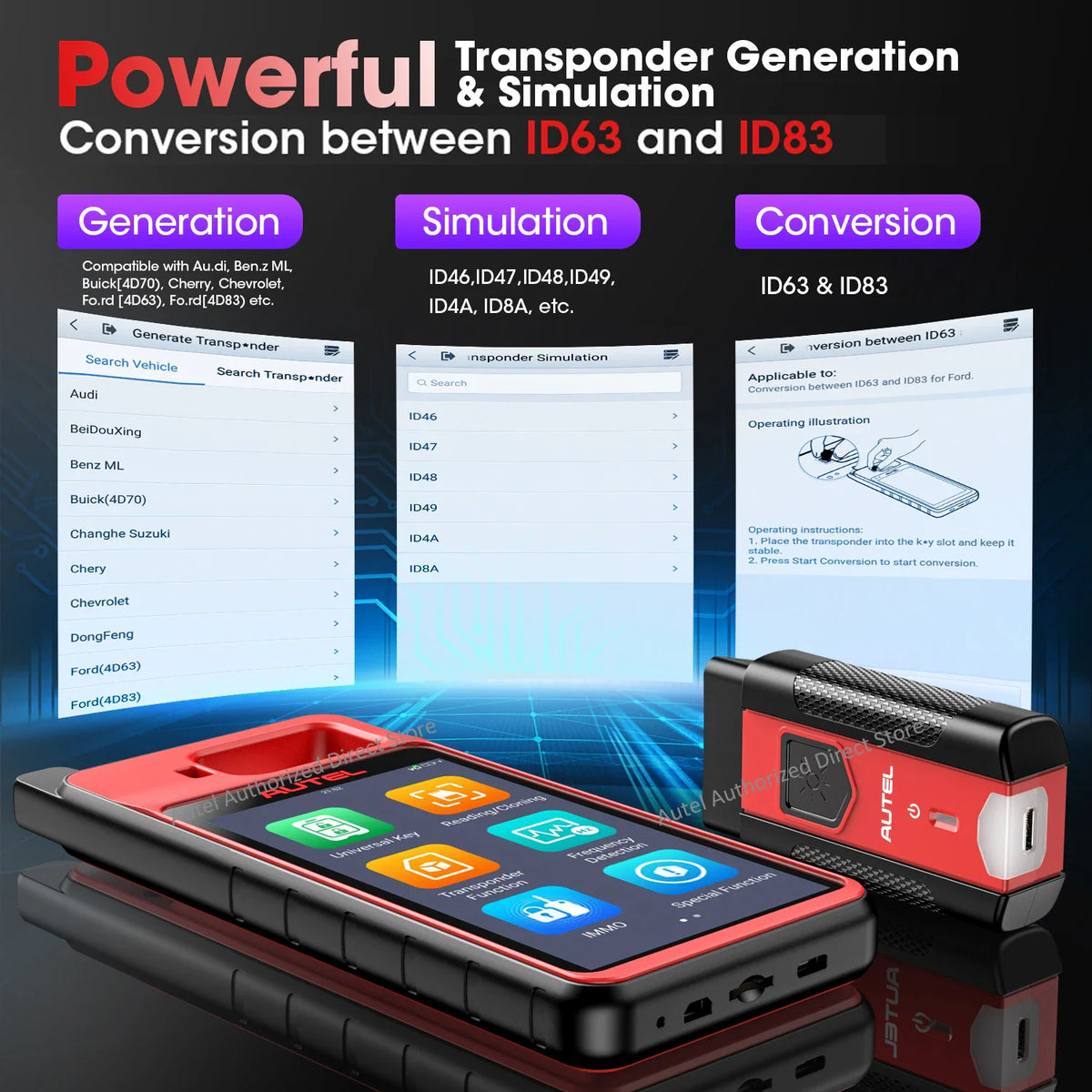 Diagnostic device features for transponder generation and simulation for various car models.