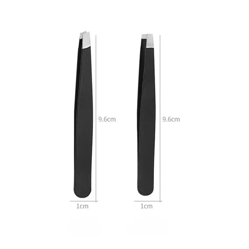 Two black stainless steel tweezers with dimensions showing a 9.6cm length and 1cm width