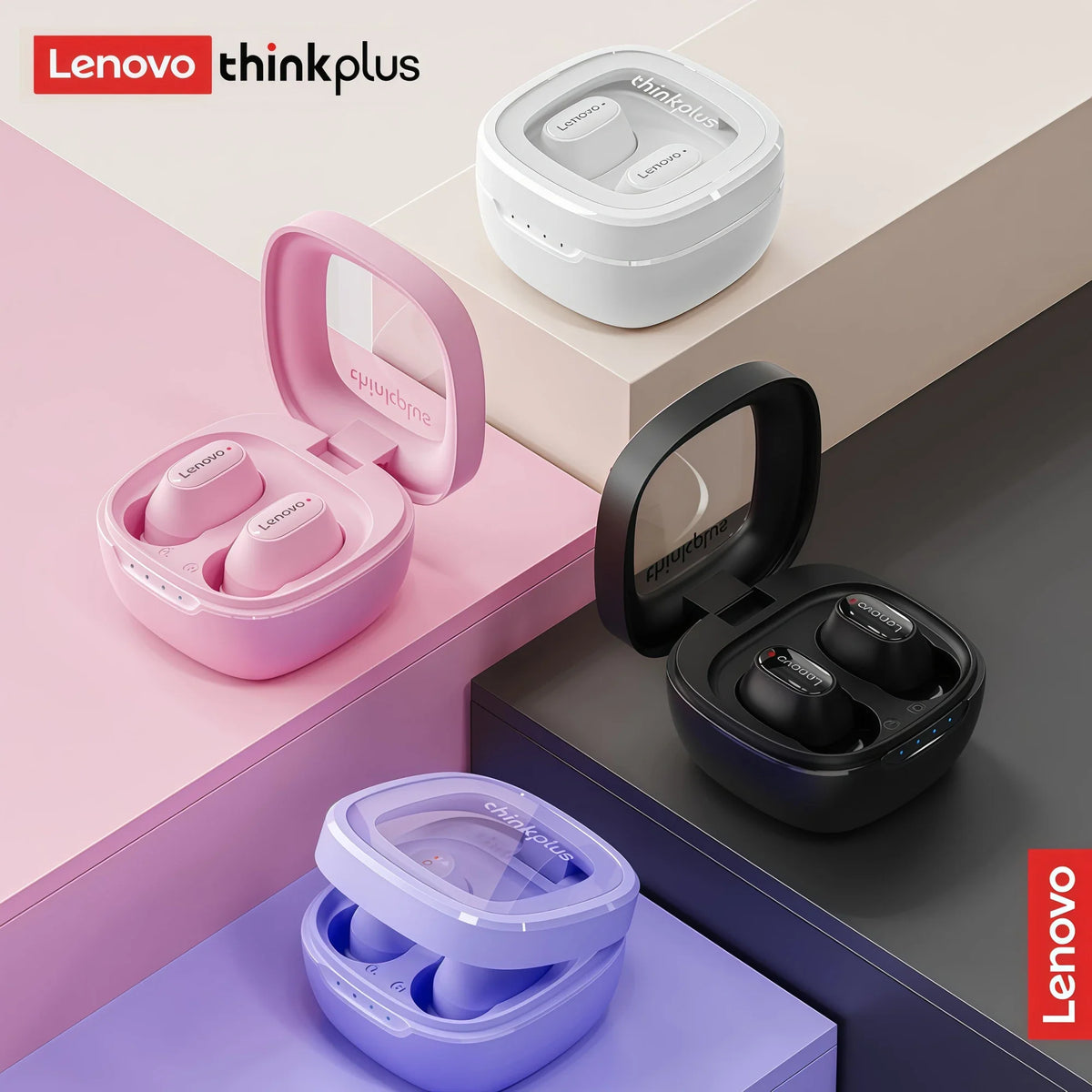 Wireless earbuds in white, pink, black, and purple charging cases on pedestals
