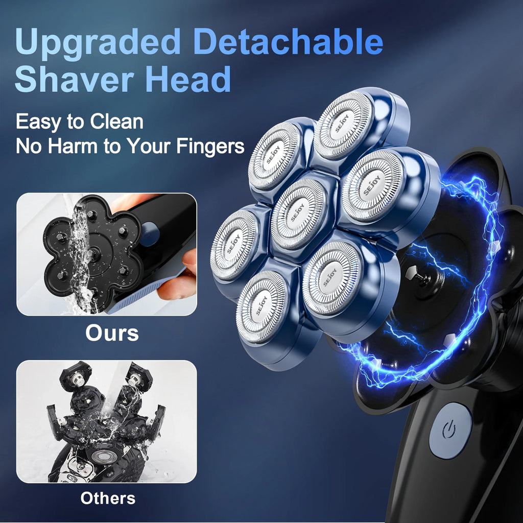 Comparison of a detachable electric shaver head showing easy cleaning process