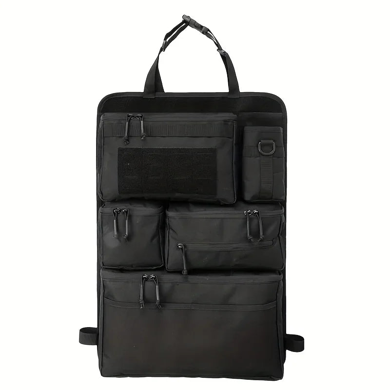 Black tactical car seat back organizer shown on a plain white background