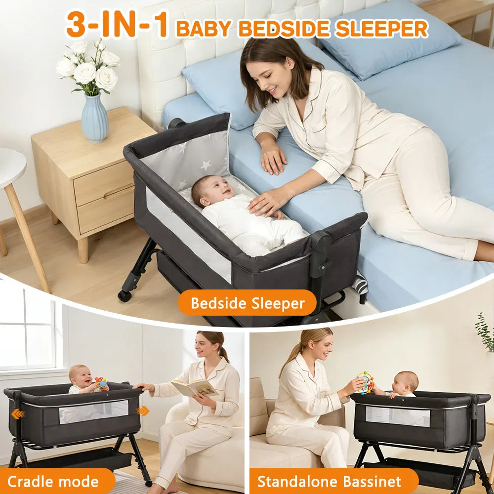 A grey baby bassinet shown in three modes: bedside sleeper, cradle, and standalone bassinet with a mother and baby.