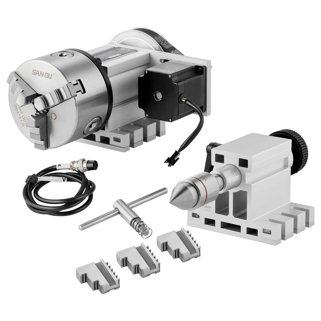 3-jaw lathe chuck with tailstock, stepper motor, and accessories for engraving machine