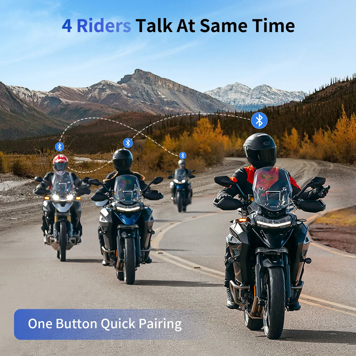 Group of motorcyclists riding on a road using helmet communication devices for 4-way intercom talk.