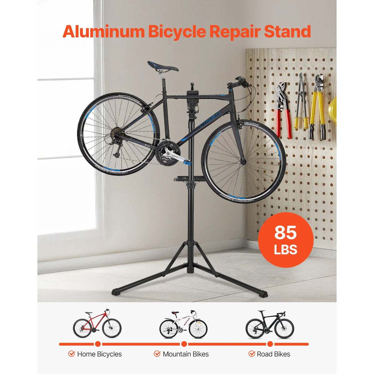 Black bicycle repair stand holding a mountain bike with various tools on a wall board in the background