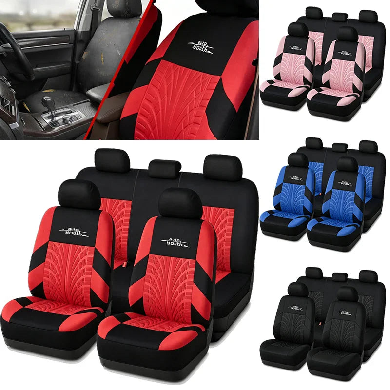 Universal car seat covers in multiple color variants with tire track design