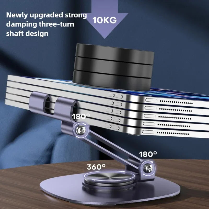 Heavy-duty rotating metal stand supporting a weight to demonstrate stability.