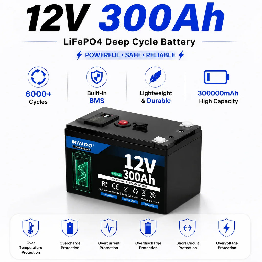 12V 300Ah LiFePO4 deep cycle battery with USB charging port