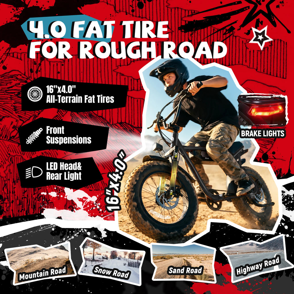 A person riding an electric dirt bike on a mountain trail with terrain icons and features.