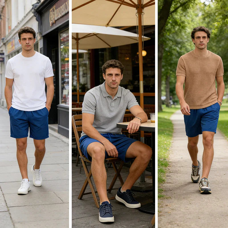 Collage of men wearing blue casual drawstring shorts styled with different shirts and shoes