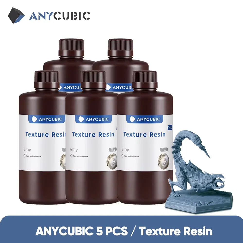 Five bottles of gray 3D printer resin with a 3D printed scorpion figurine.