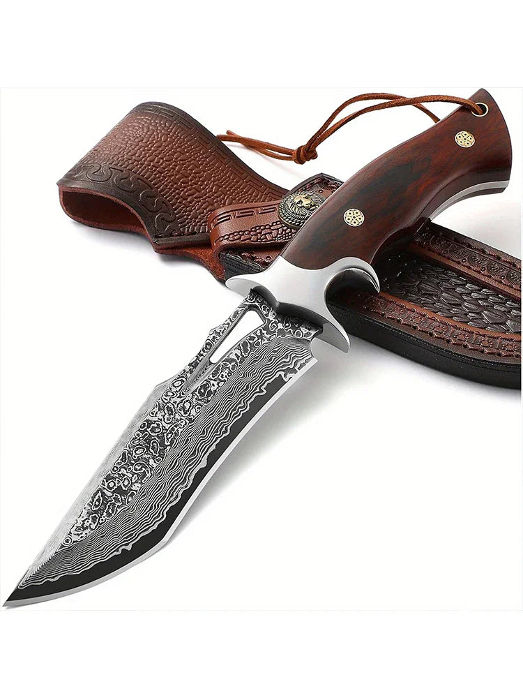 Large Damascus steel fixed blade knife with a wooden handle and included leather sheath