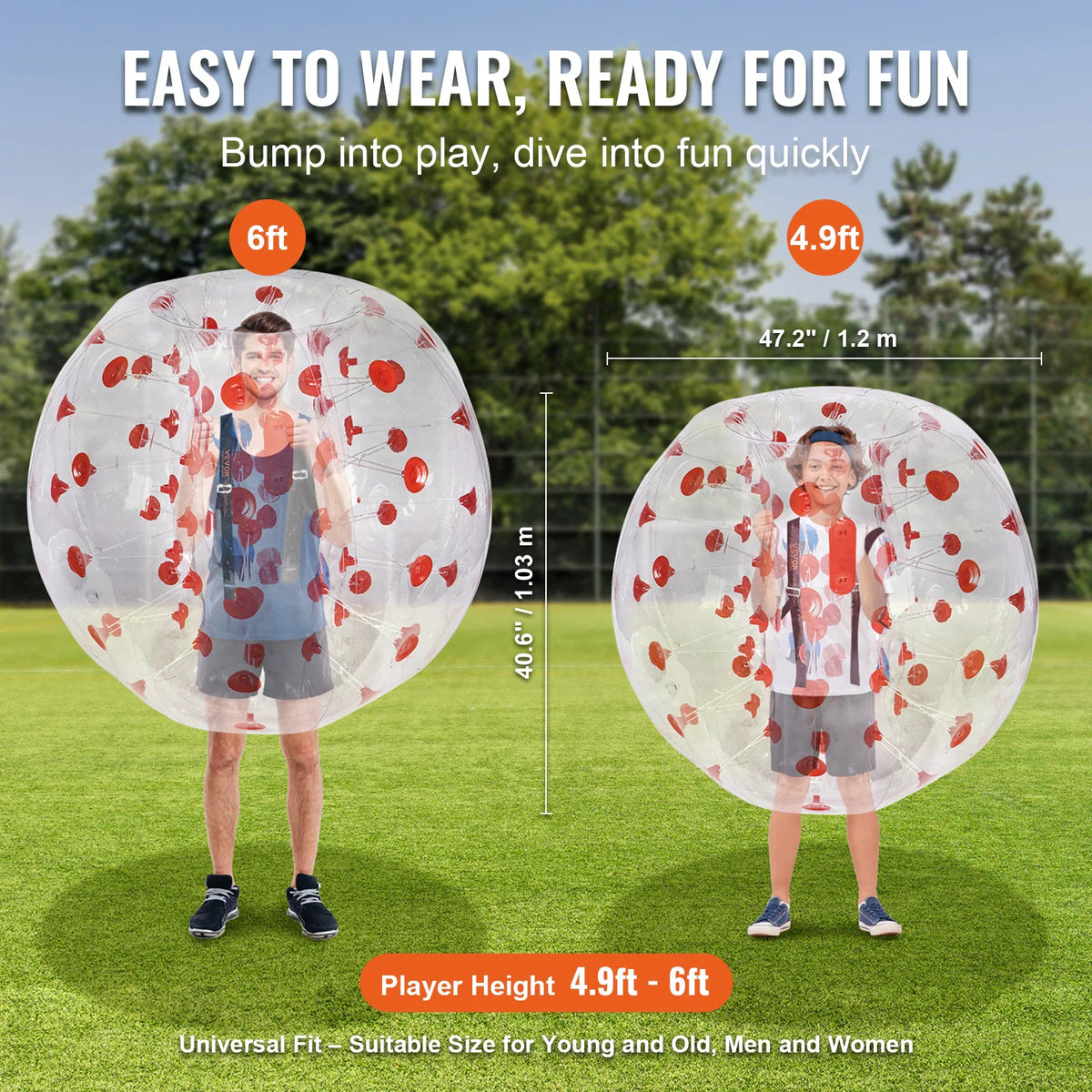 People wearing inflatable bumper balls of different sizes with height measurements
