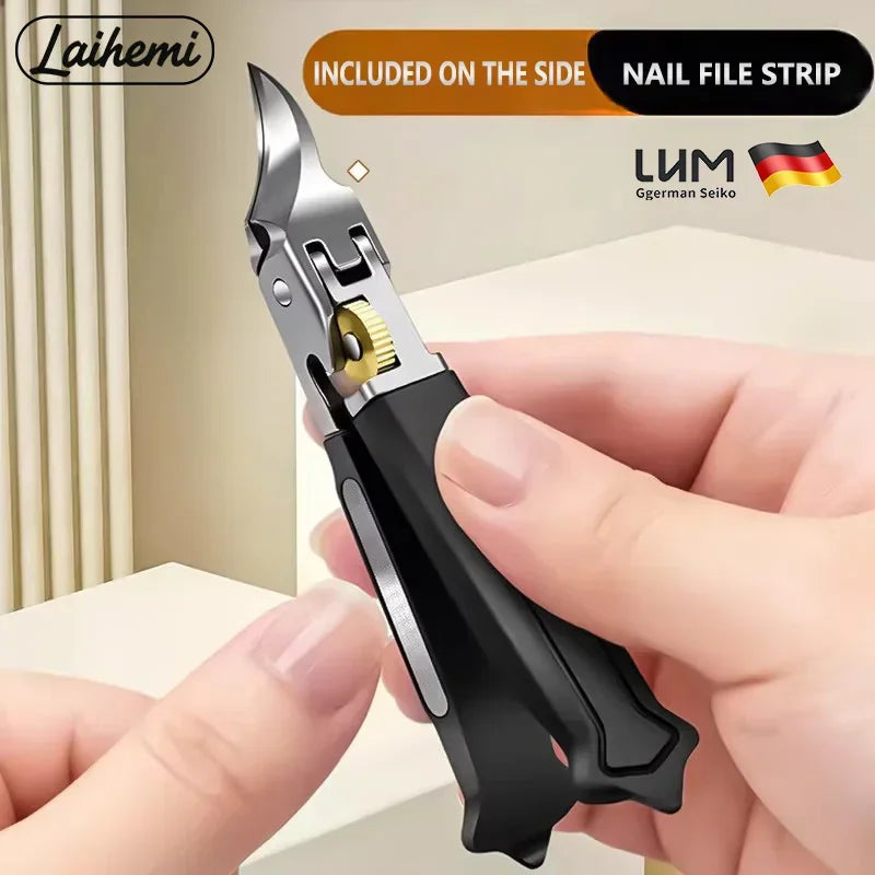 Close-up of a professional nail clipper with a side file held in hand.