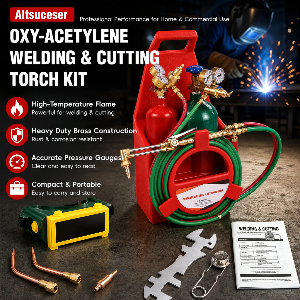 Portable oxygen acetylene welding and cutting kit with technical features listed
