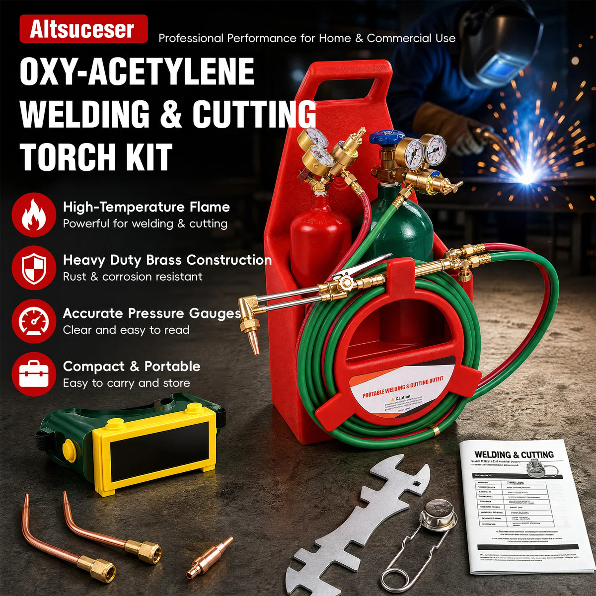 Portable oxygen acetylene welding and cutting kit with technical features listed