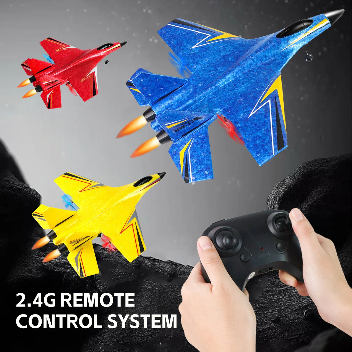 Foam RC fighter jets in flight with remote control being held by hands