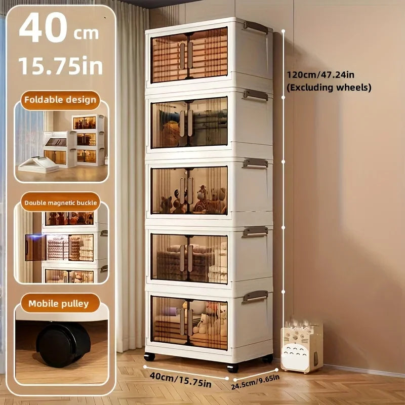 Five-tier stackable plastic storage cabinet with dimensions and feature labels