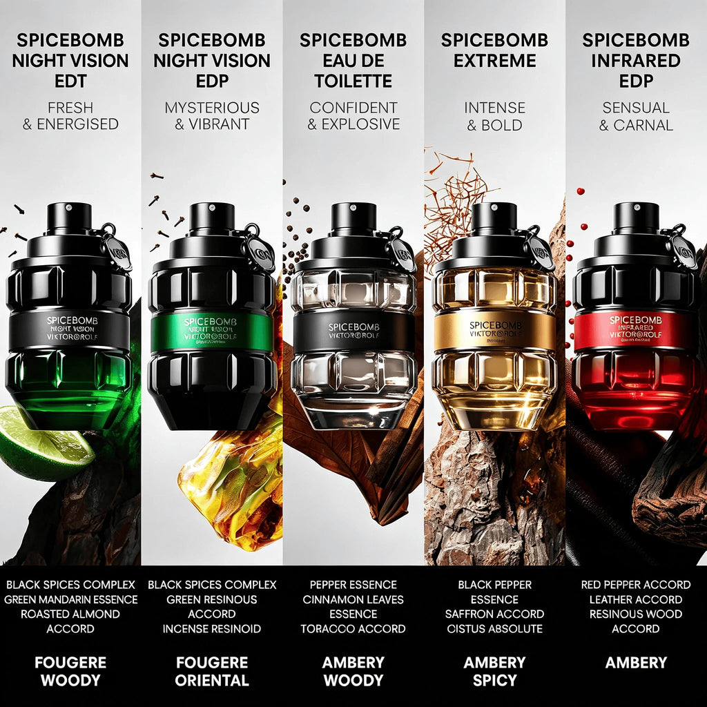 A range of different grenade-shaped bottles of cologne for men with descriptions of their scent profiles.