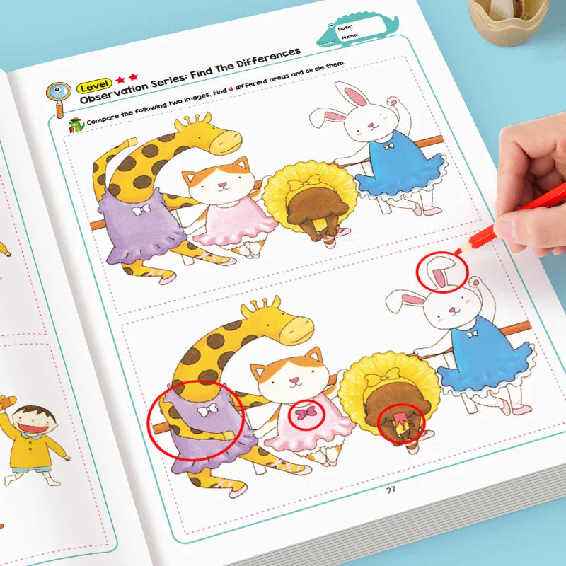 A page from a children's activity book showing animals in dresses, with red circles highlighting differences between two