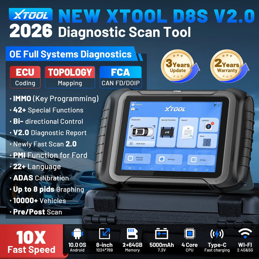 Diagnostic scan tool tablet shown with its carrying case, detailing technical specifications and vehicle compatibility.