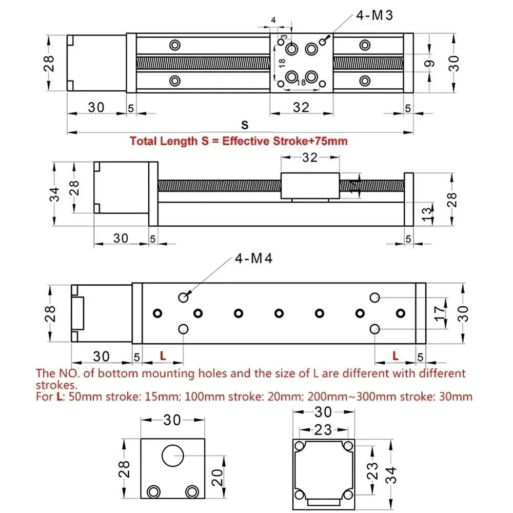 Technical dimension drawing of a mini linear sliding table