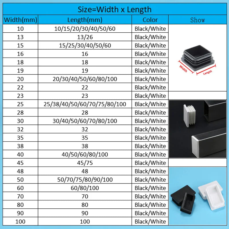 Size chart table for various white and black plastic square and rectangular tube end caps