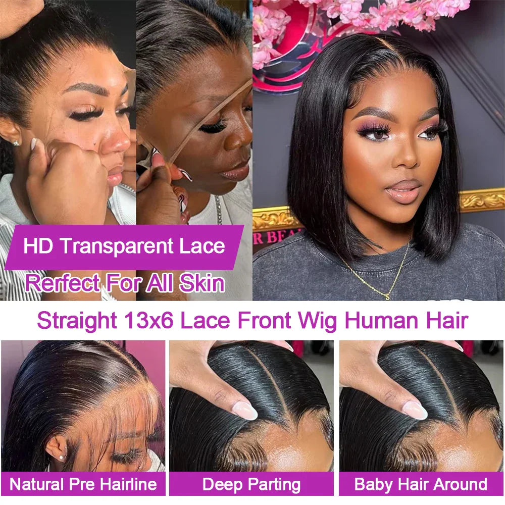 Straight human hair lace front bob wig with natural hairline and deep parting