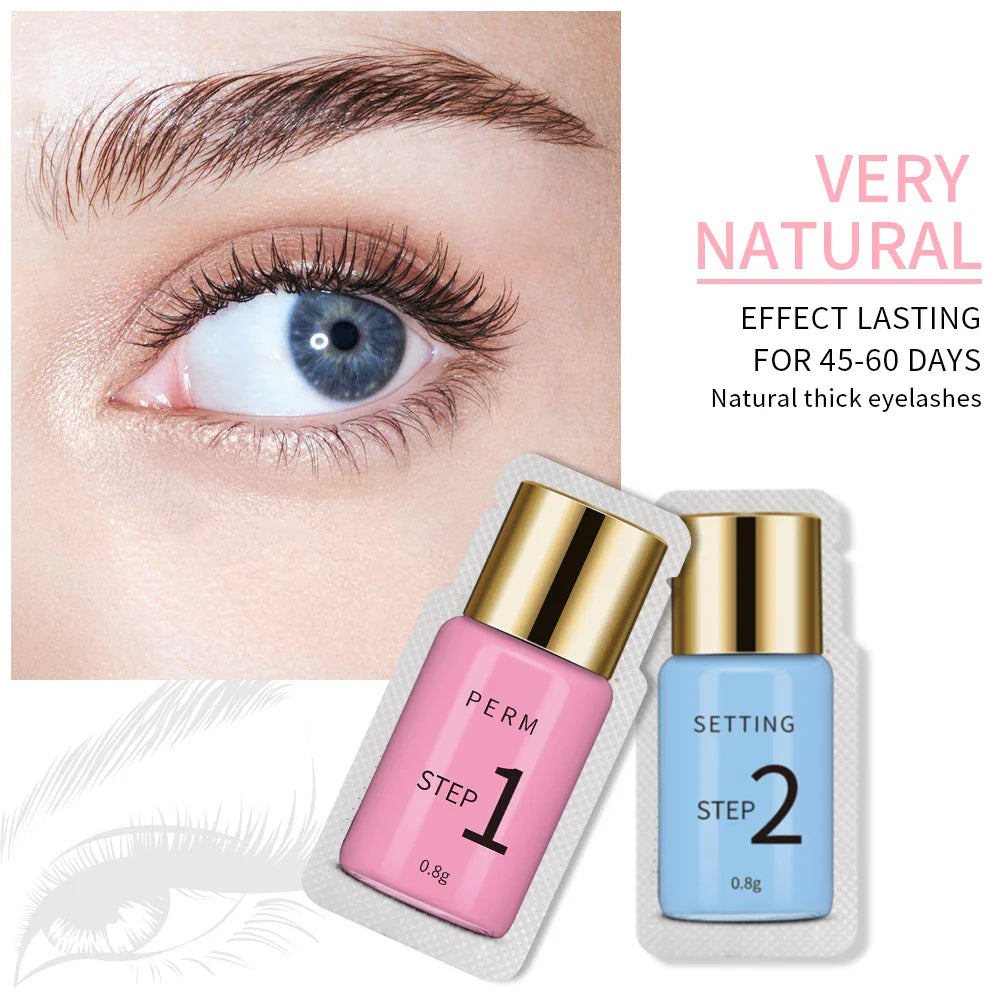 Pink and blue individual lash perm and setting lotion sachets next to an eye showing lash lift results