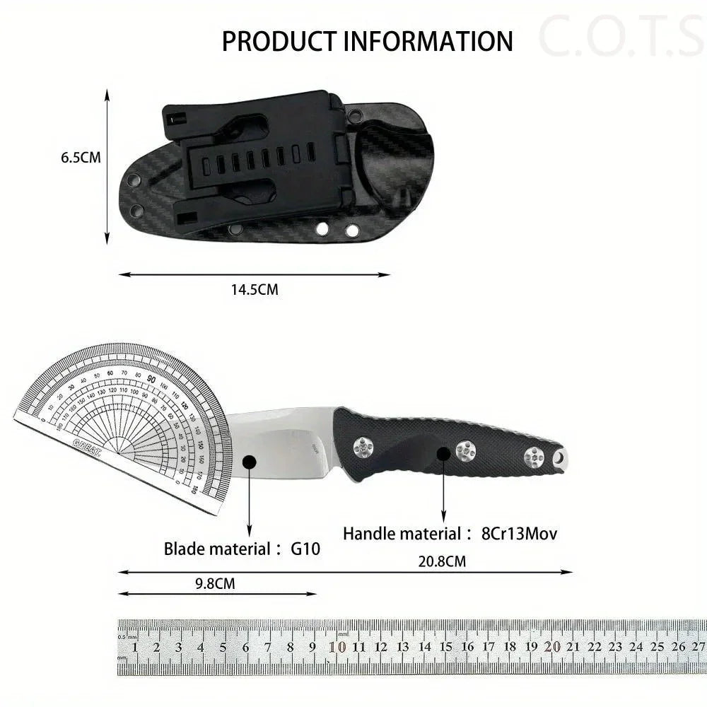 Technical specification chart for a fixed blade knife, including measurements and material labels.