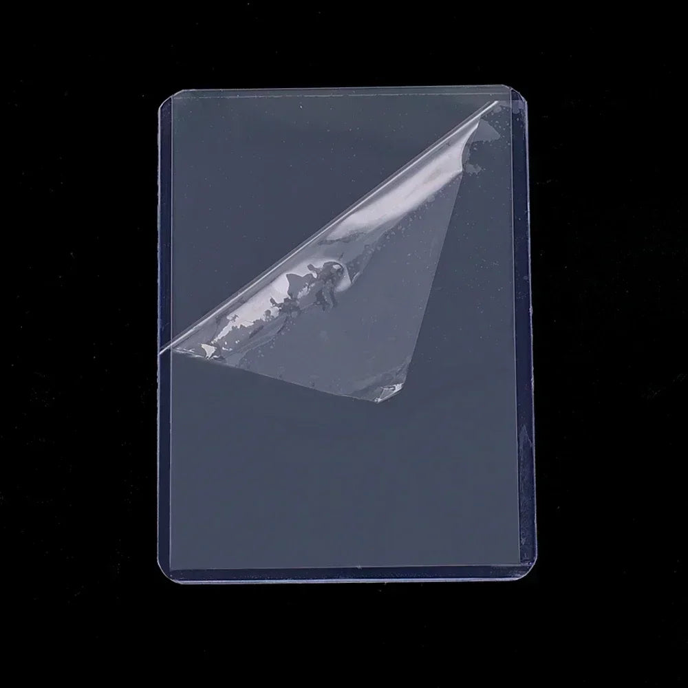 Single rigid card holder with protective film partially peeled back
