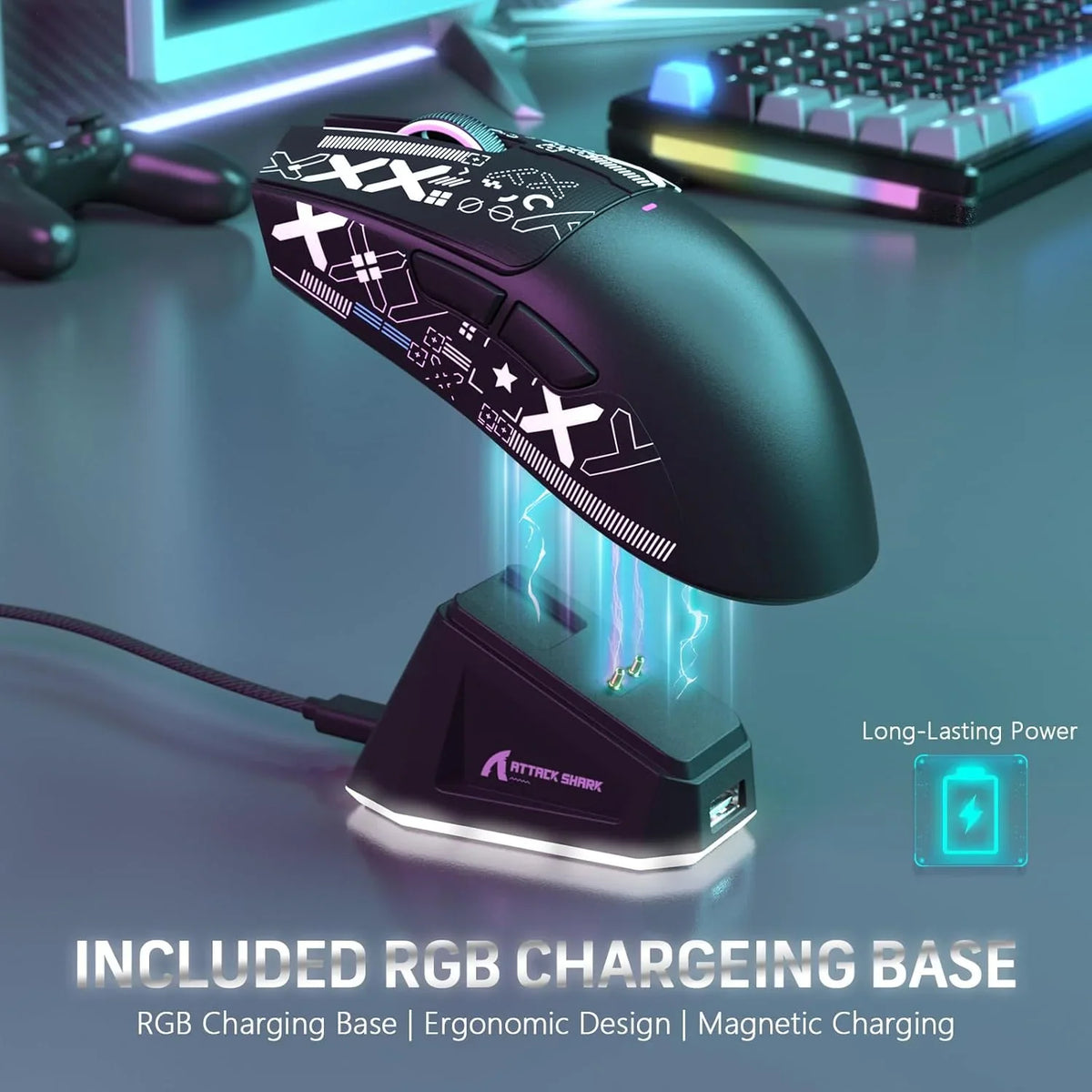 Black gaming mouse hovering over an RGB magnetic charging dock