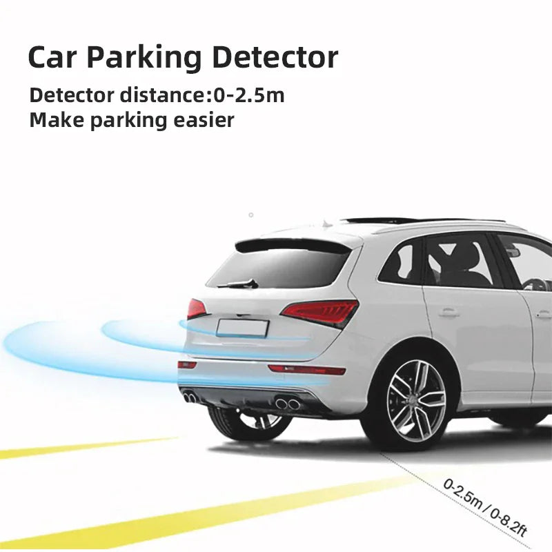 White car parked in reverse showing the radar detection range for parking assistance.